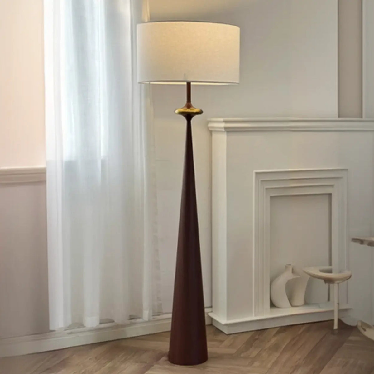 Mid-Century Modern Tapered Column Fabric Drum Floor Lamp