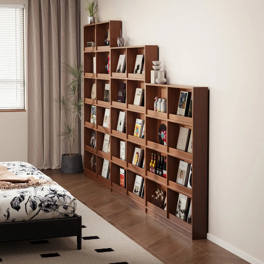 Mid-Century Modern Ultra-Slim Wood Brown Vertical Bookshelf