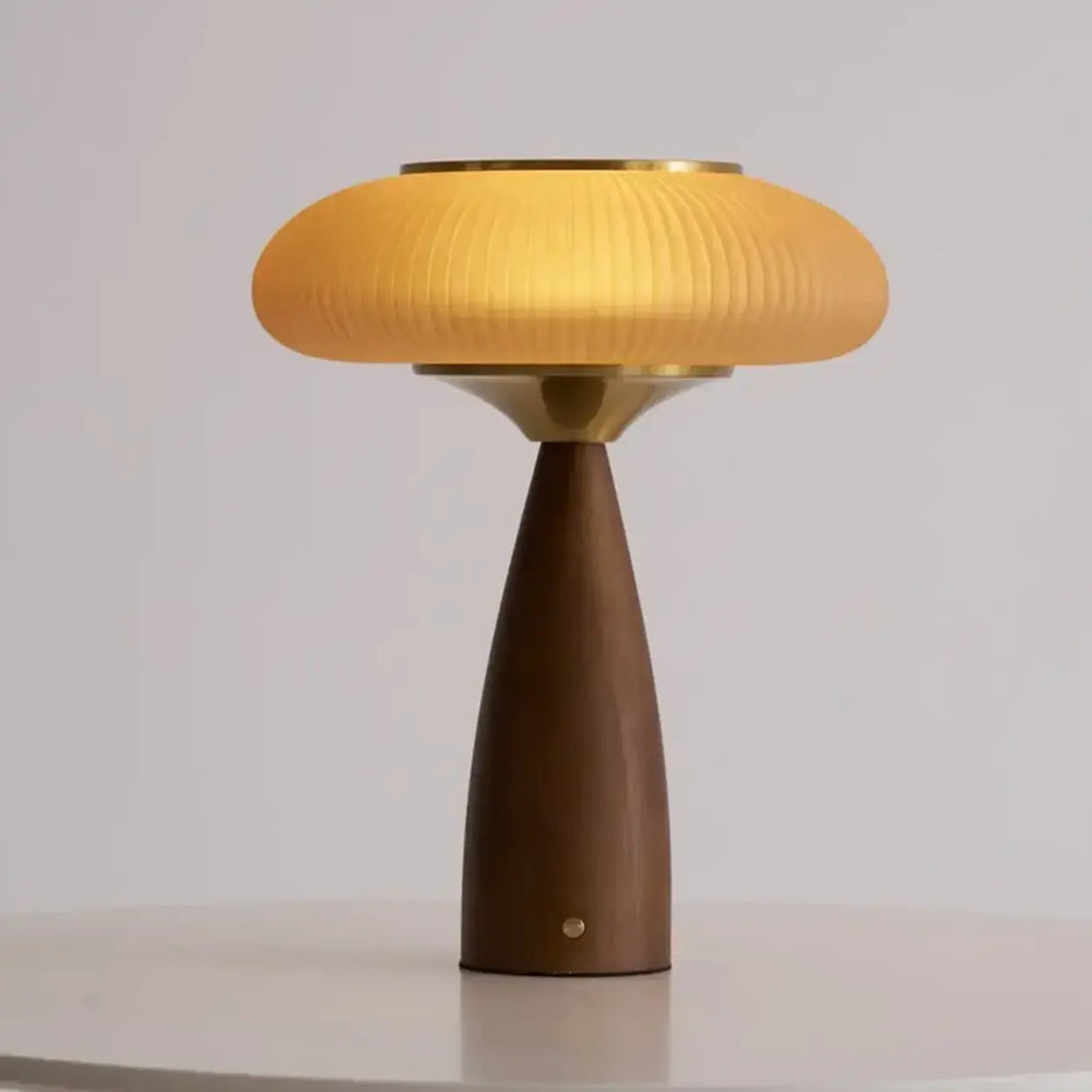 Mid-Century Modern USB Mushroom Amber Wood Table Lamp