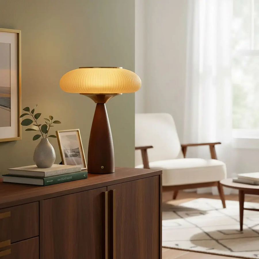 Mid-Century Modern USB Mushroom Amber Wood Table Lamp
