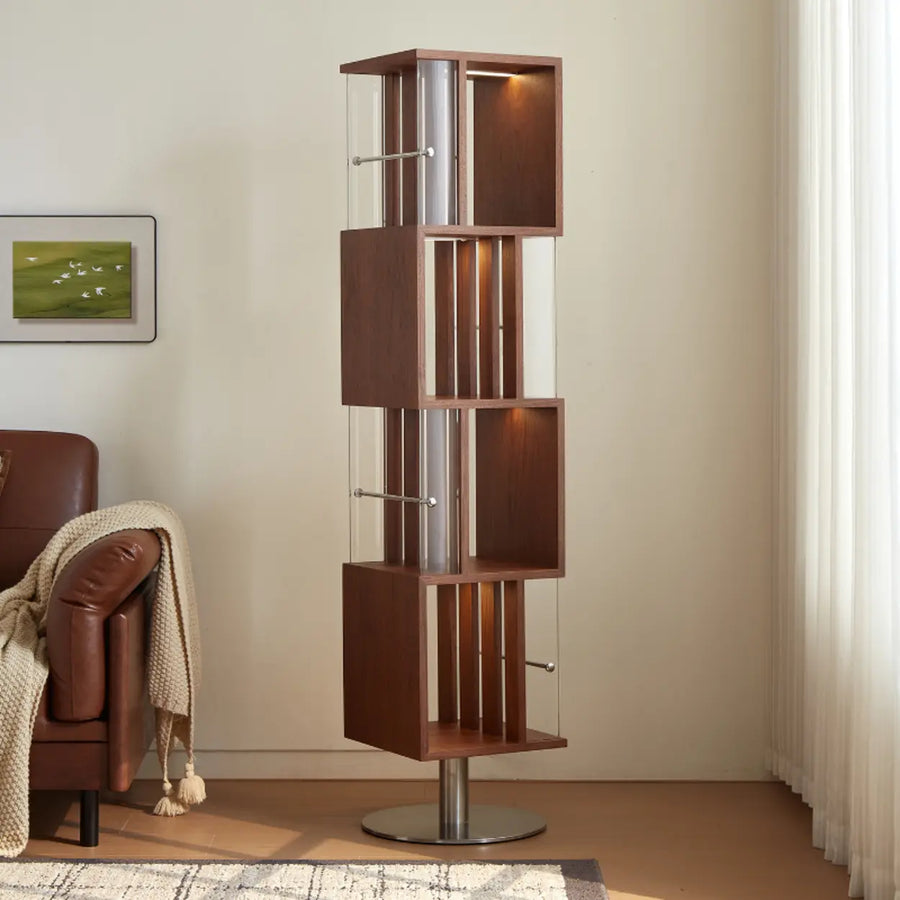 Mid-Century Modern Vertical Cube Tiered Wood Corner Bookshelf