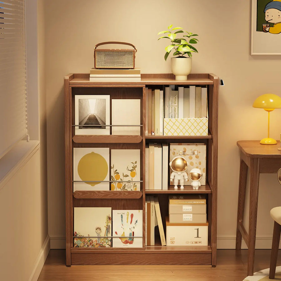 Mid-Century Modern Vertical Wood Sliding Door Tiered Bookshelf