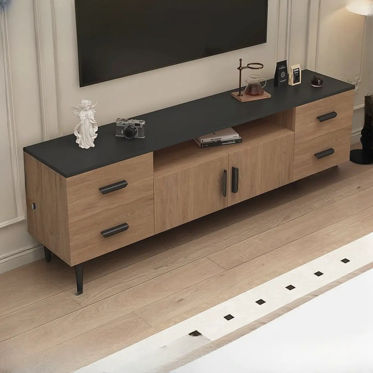 Mid-Century Modern Walnut TV Stand with Black Top