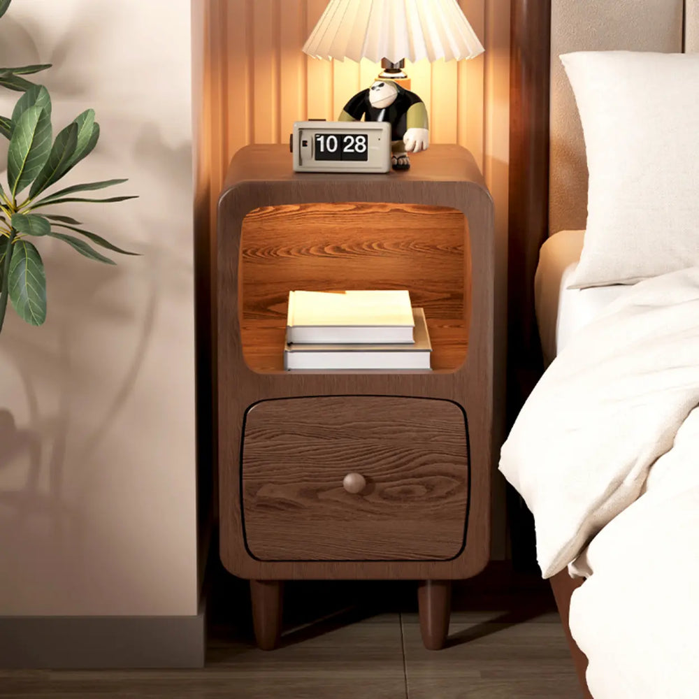 Mid-Century Modern Walnut Wood Nightstand with Drawer & Shelf
