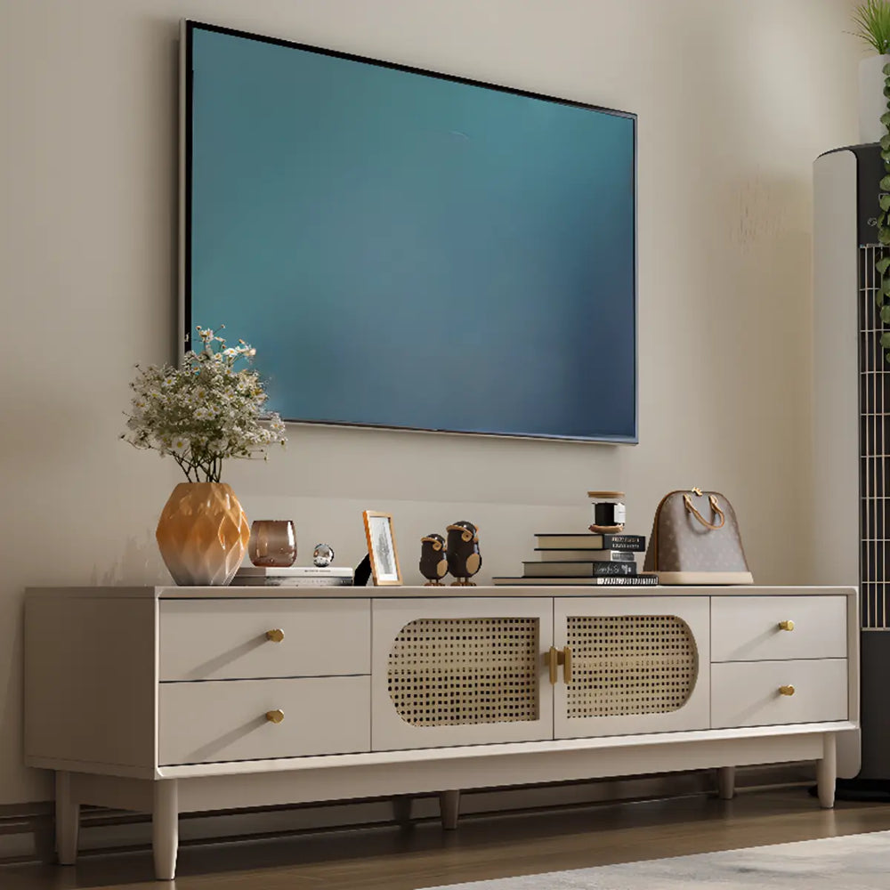 Mid-Century Modern White Wood Cabinet Drawers TV Stand