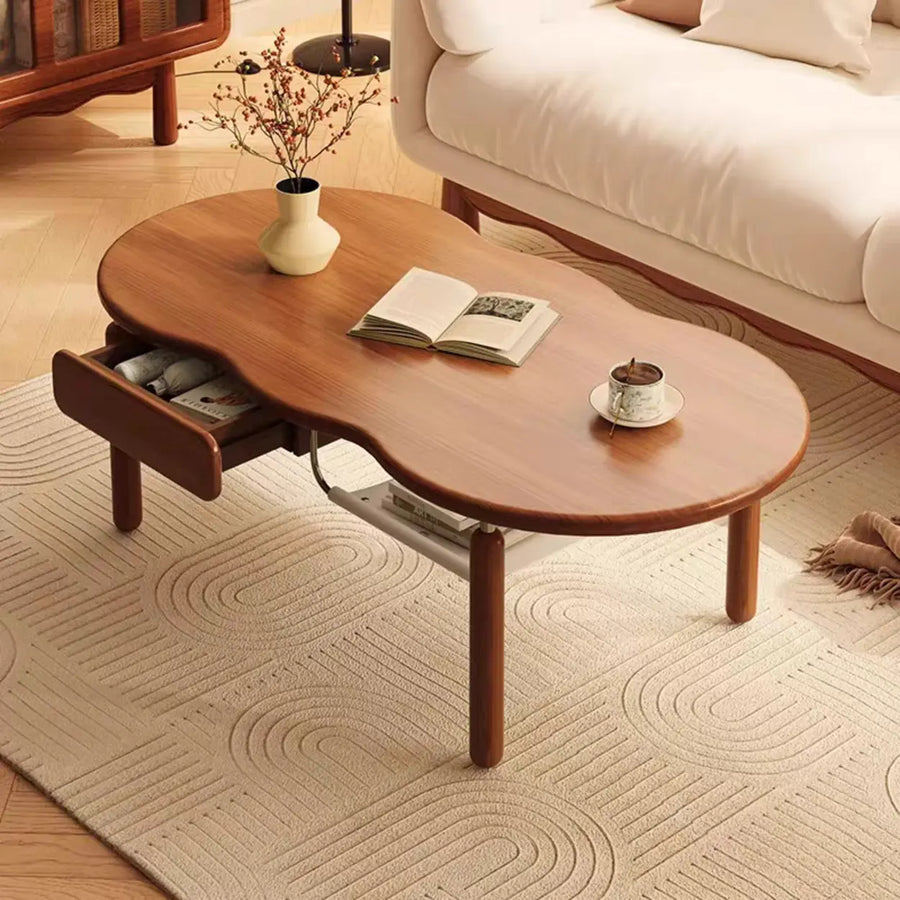 Mid-Century Modern Wood Coffee Table with Drawer Shelf