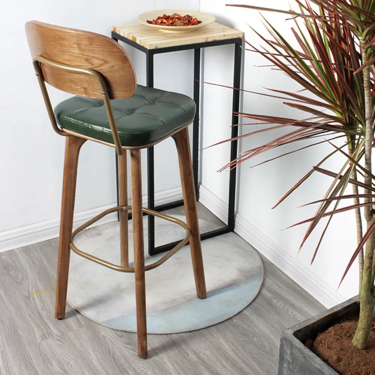 Mid-Century Modern Wood Low Back Leather Tufted Bar Stool
