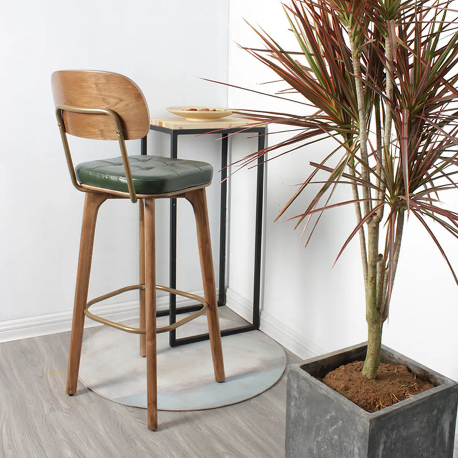 Mid-Century Modern Wood Low Back Leather Tufted Bar Stool