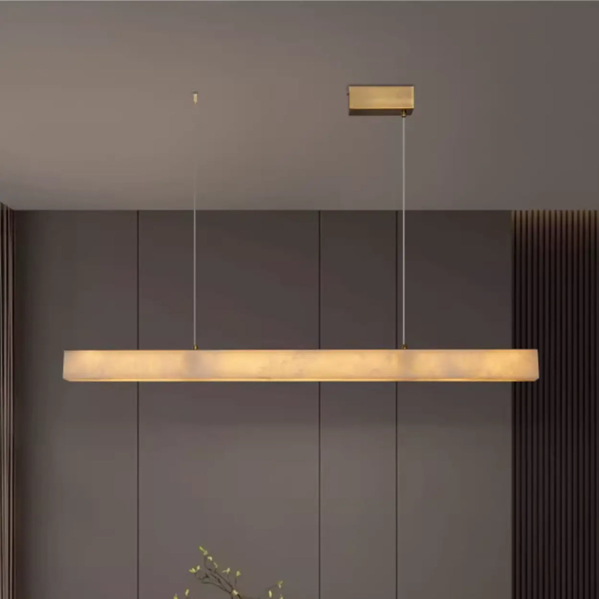 Minimalist Brass Slim Alabaster LED Linear Pendant Island Light