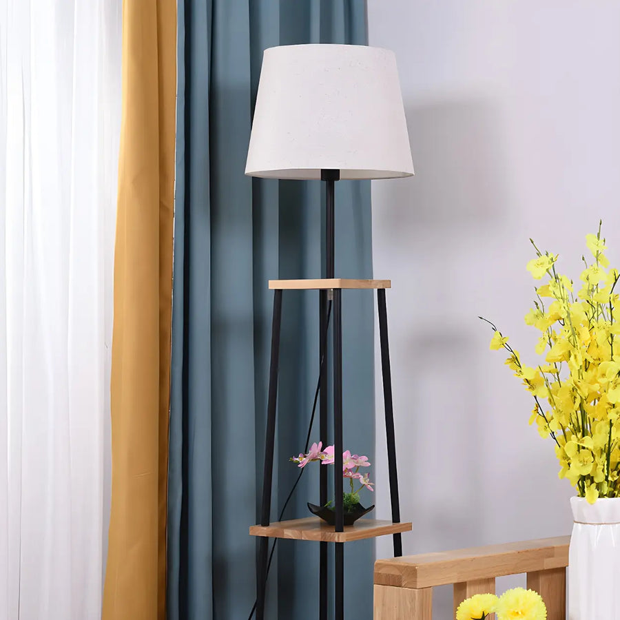 Minimalist Cone Black Metal Floor Lamp with Shelf
