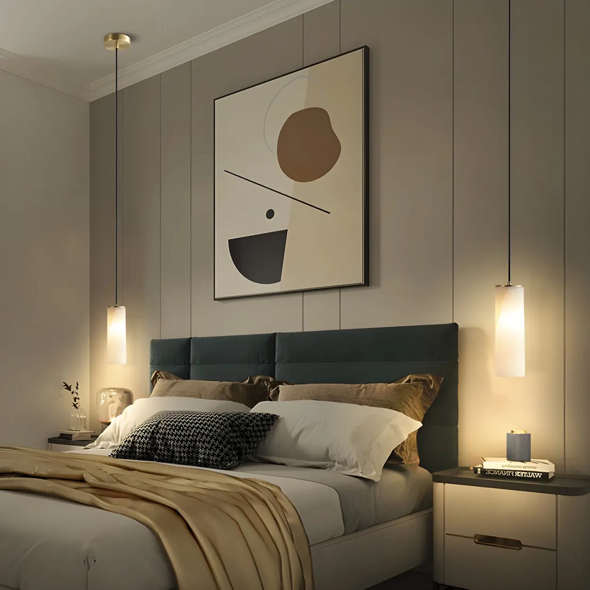 Minimalist Cylinder Bedroom Alabaster White Pendant Light