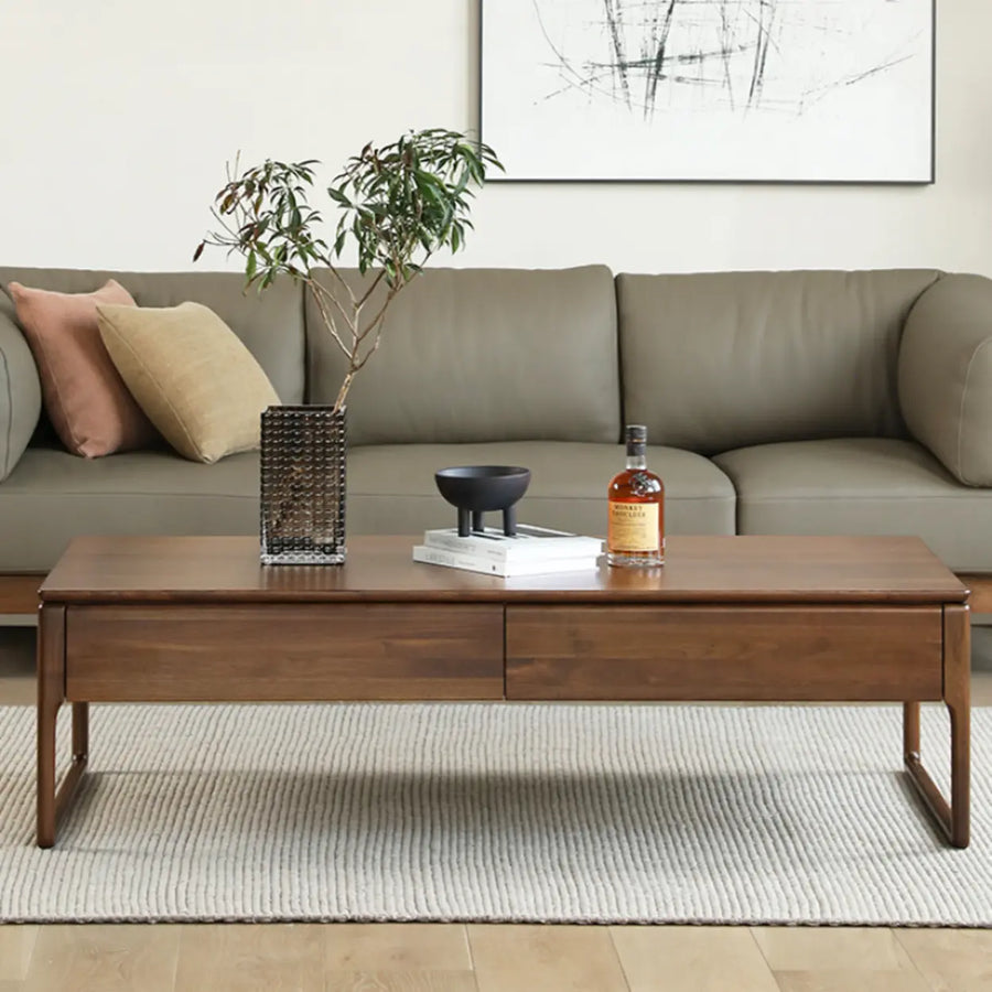 Minimalist Walnut Solid Wood Coffee Table with Drawers