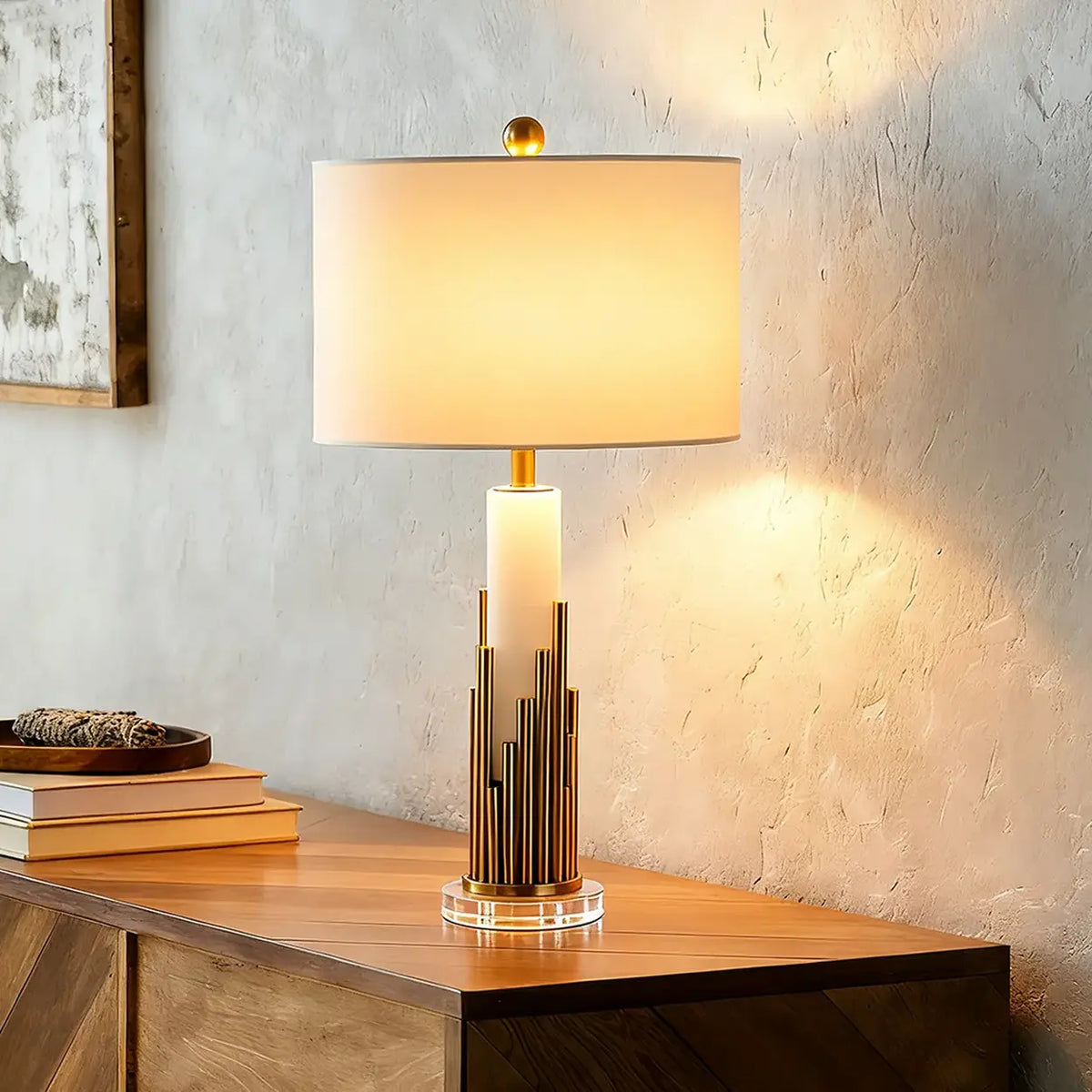 Modern Alabaster Stone Cylindrical White Shade LED Table Lamp