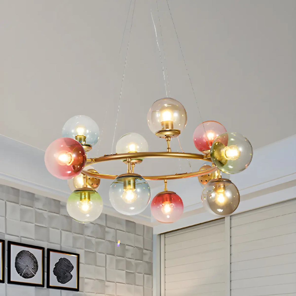 Modern Bedroom Gold Ring Colorful Glass Globe Chandelier