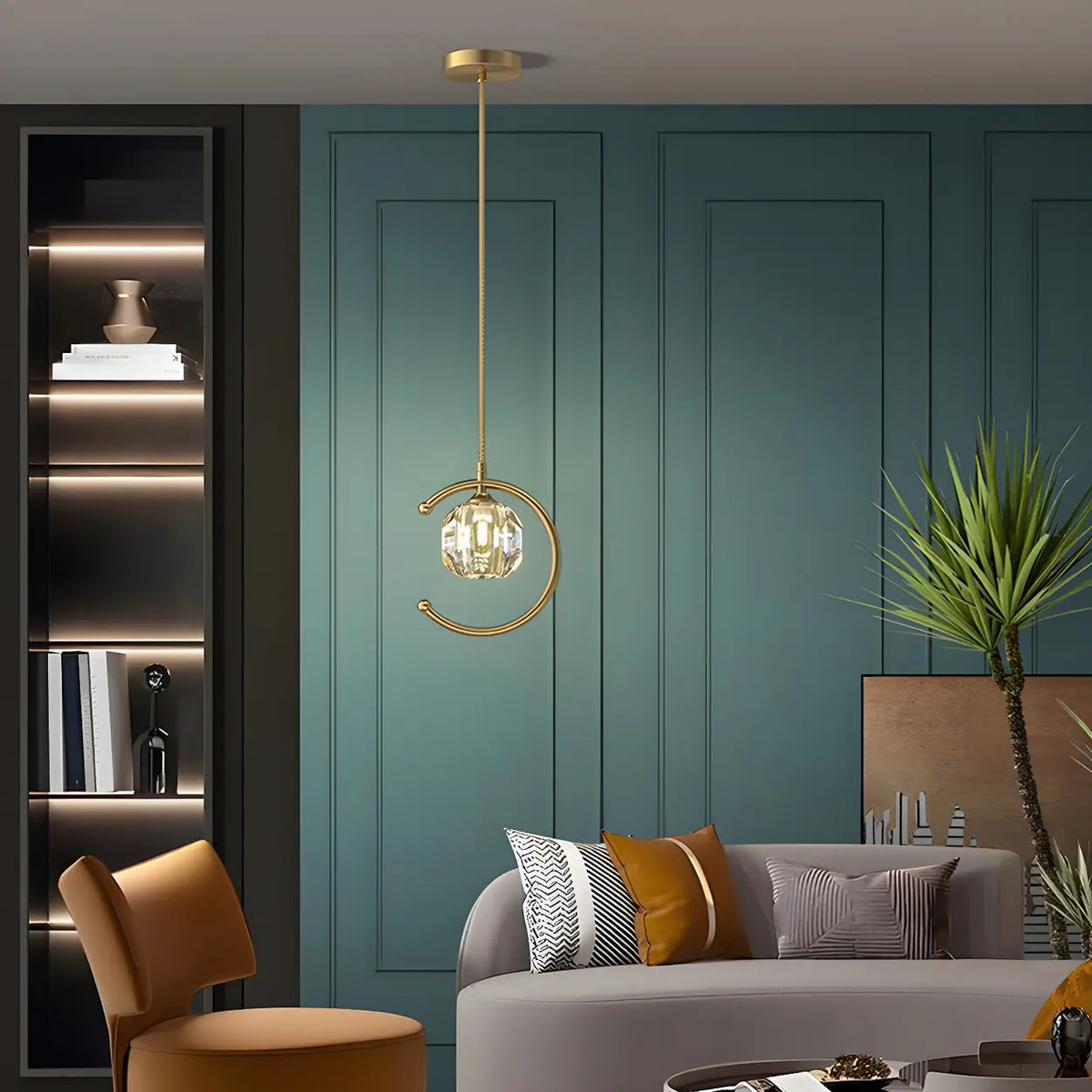 Modern Bedroom Gold Ring Crystal Globe Pendant Light