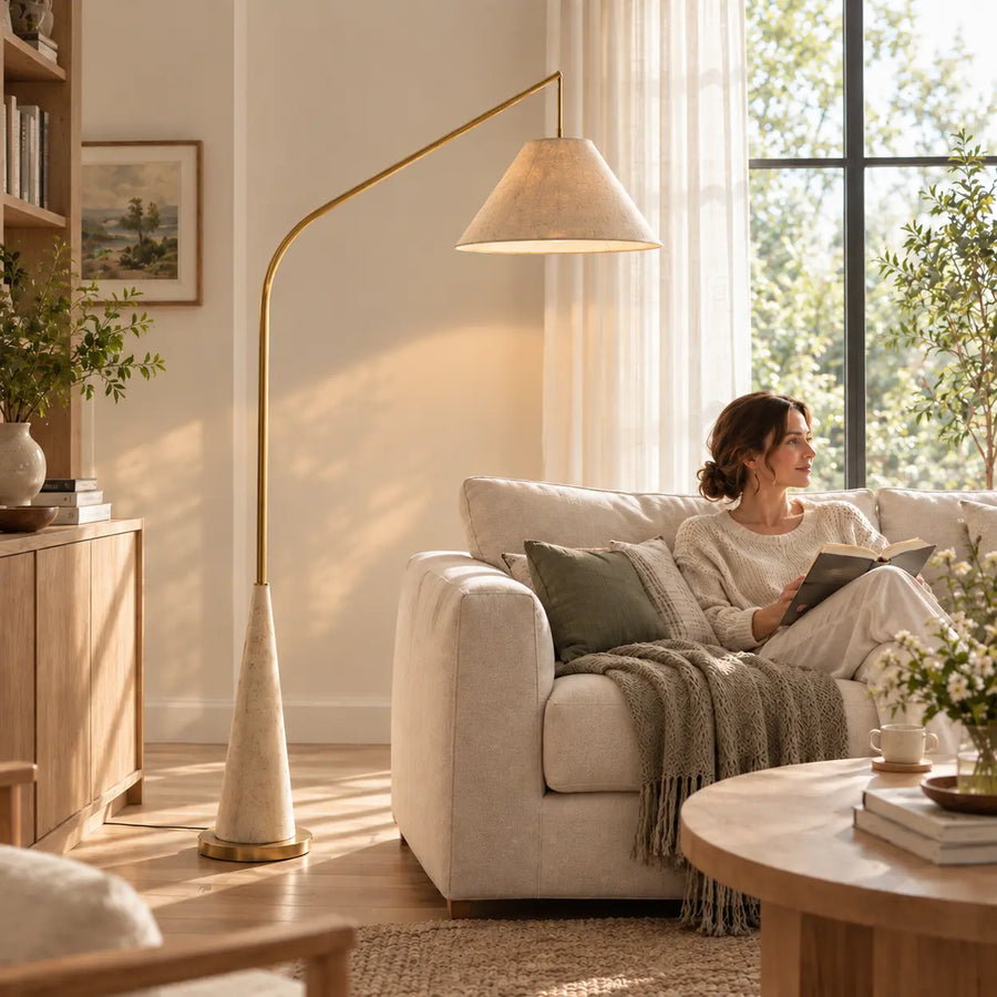 Modern Beige Cone Fabric Gibson Arc LED Floor Lamp