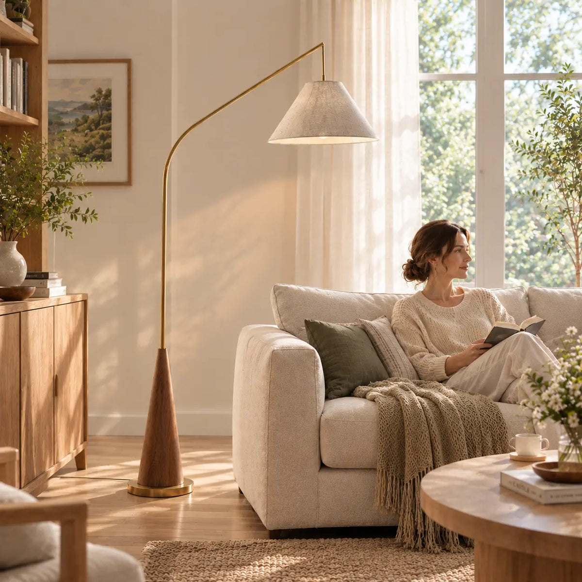 Modern Beige Cone Fabric Gibson Arc LED Floor Lamp