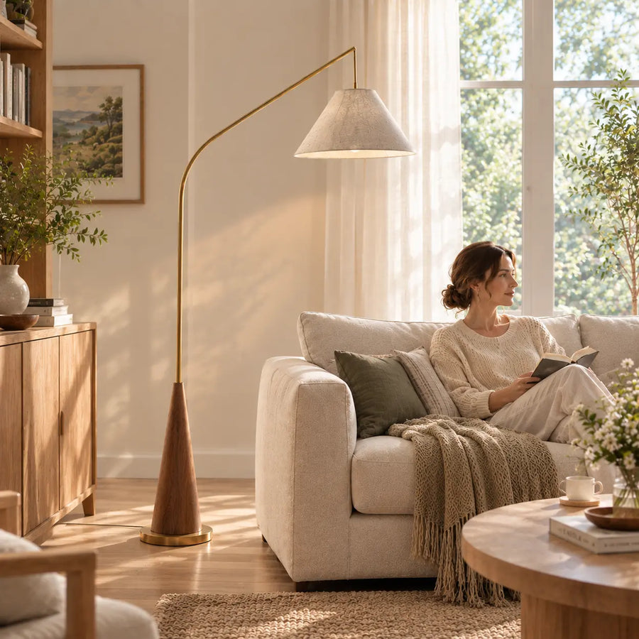 Modern Beige Cone Fabric Gibson Arc LED Floor Lamp