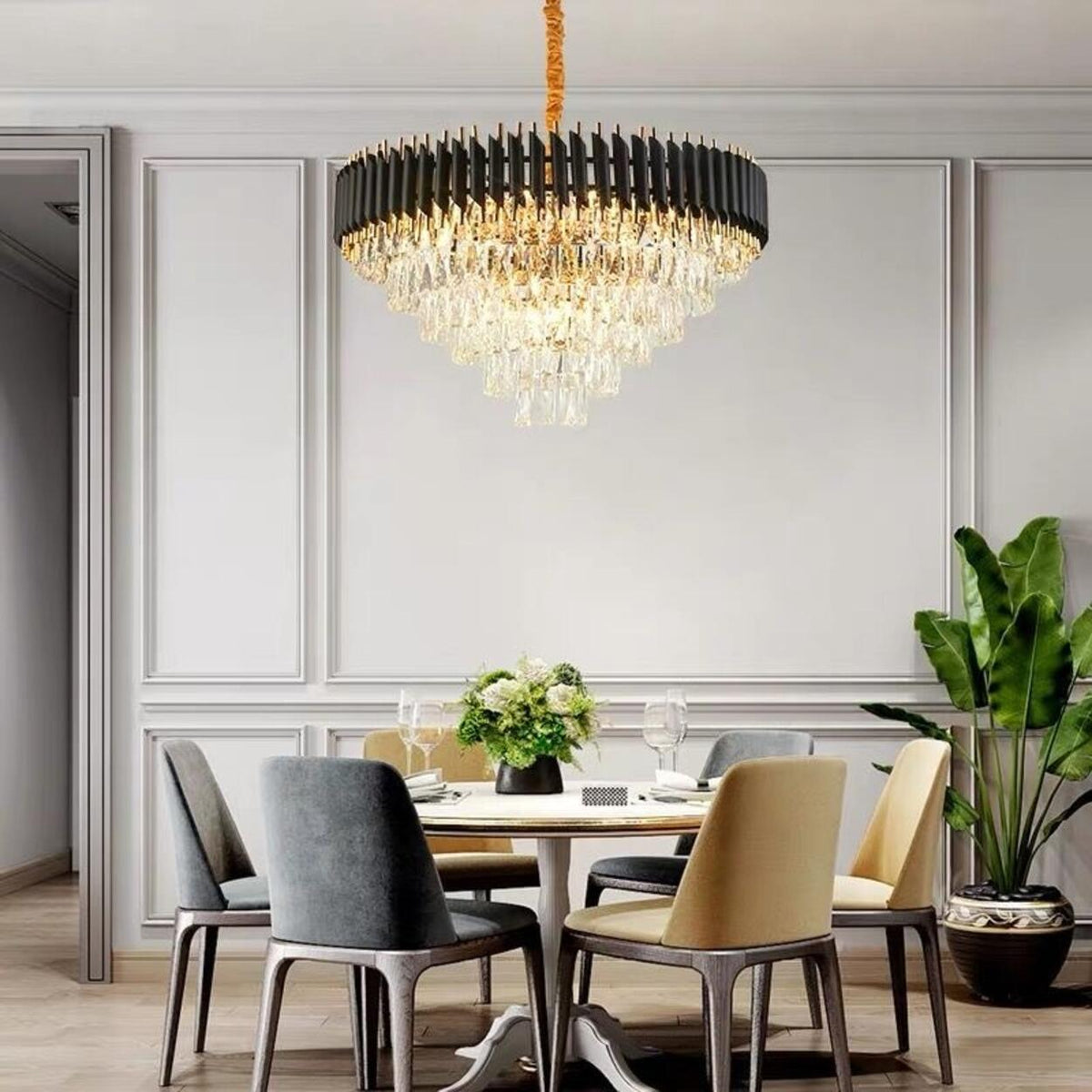 Modern Black and Clear Crystal Tiered Dining Room Chandelier