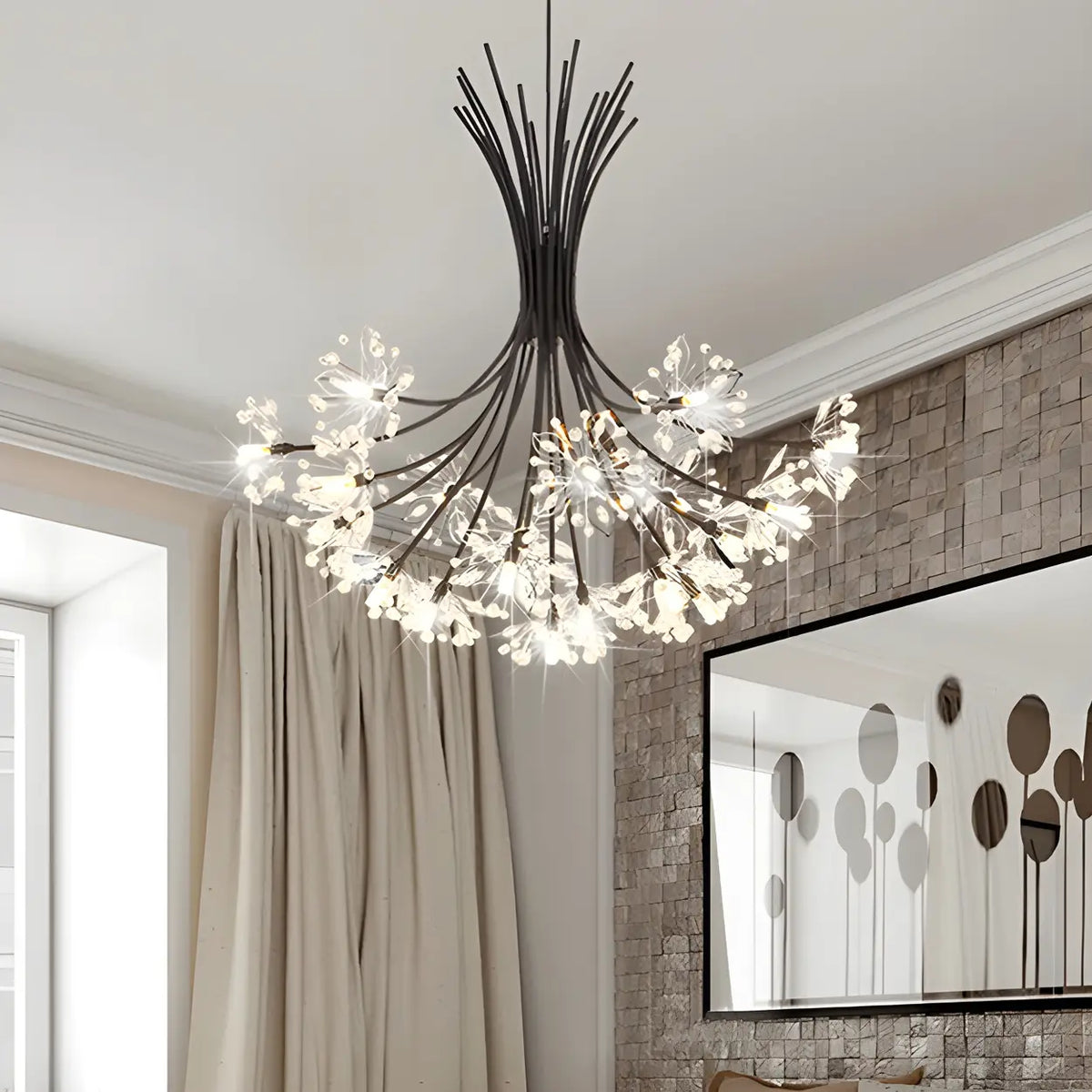 Modern Black Metal Clear Crystal Flower Bouquet Chandelier