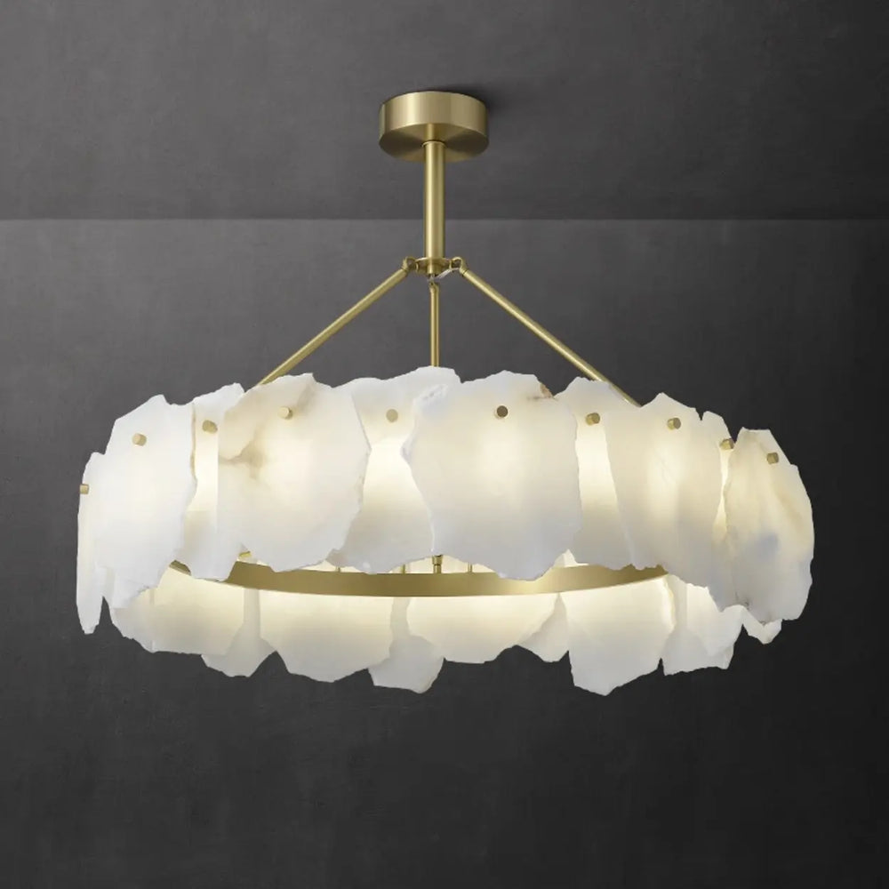 Modern Brass Downrod Circular White Alabaster Chandelier