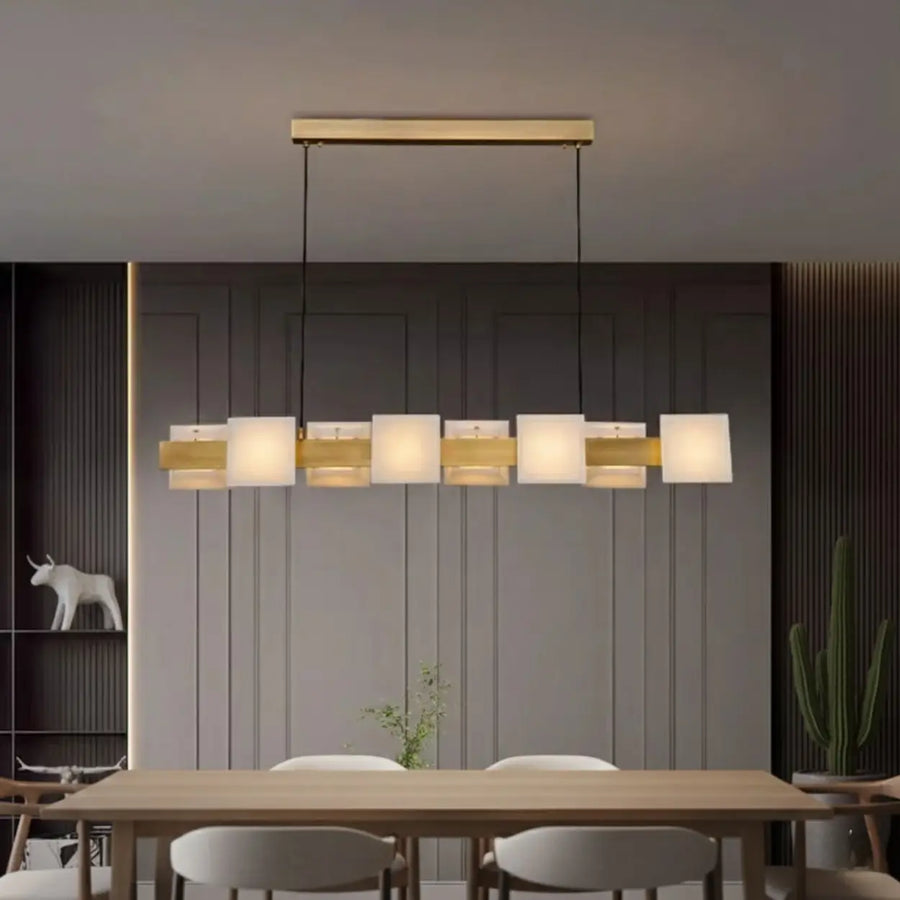 Modern Brass Linear Alabaster Cube Pendant Island Light