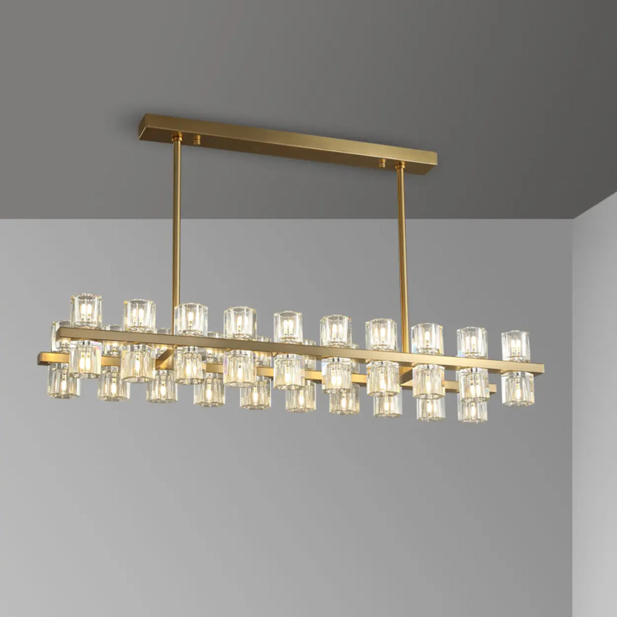 Modern Brass Linear Multiple Clear Crystal Island Light