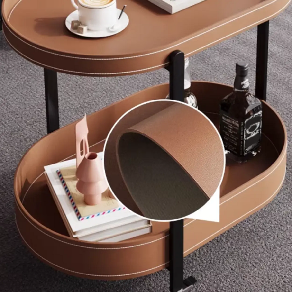 Modern Brown Oval Top Chairside Table with Shelf and Rollers