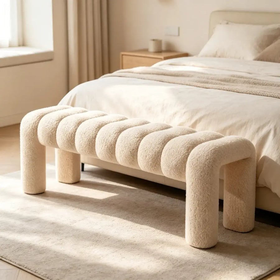 Modern Curved Solid Wood Bouclé Upholstered Bedroom Bench