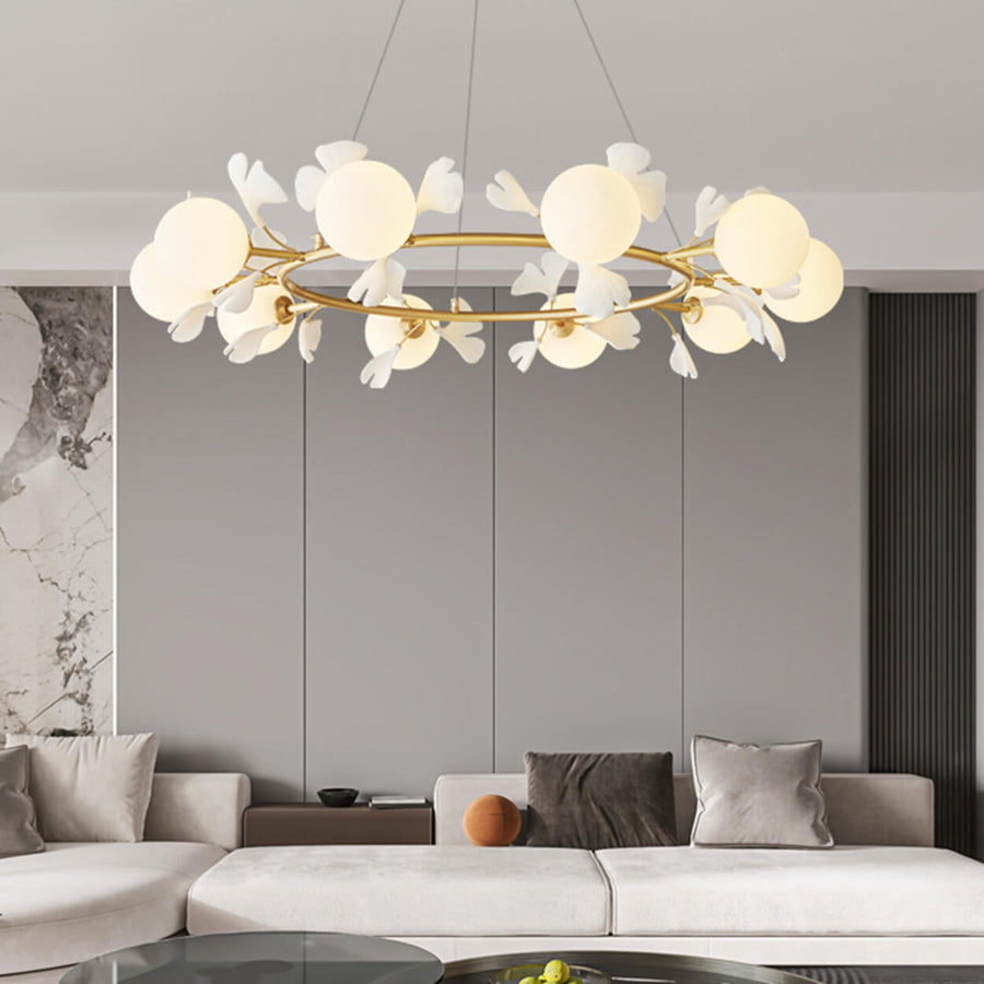 Modern Floral Leaves Circle White Ball Chandelier