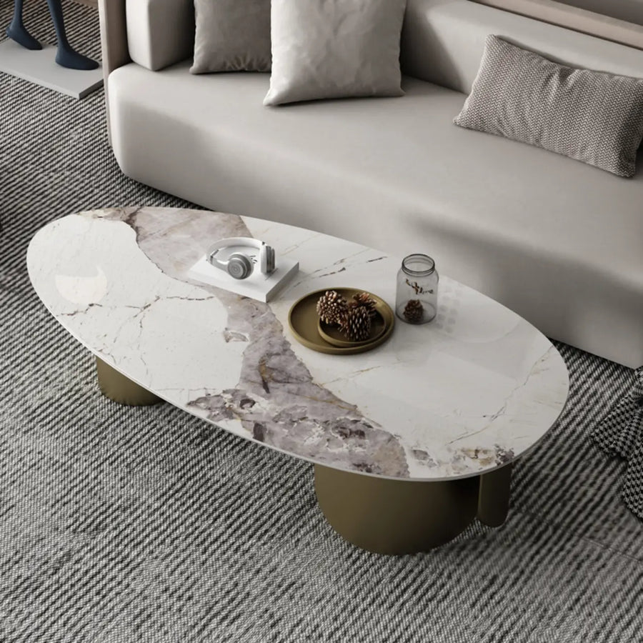 Modern Glam Oval Stone Coffee Table with Gold Base