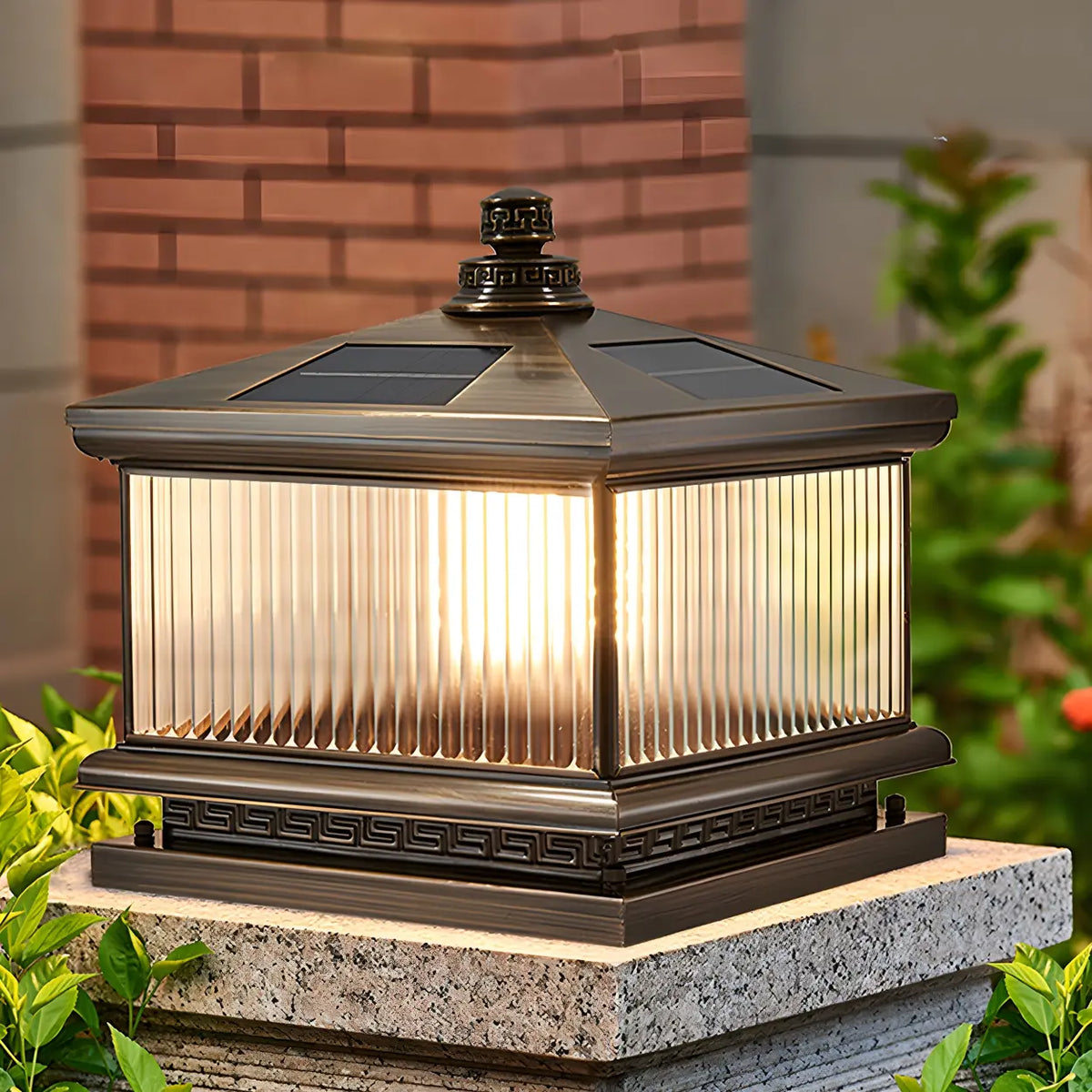 Modern Glass Square Metal Outdoor Solar Pillar Light