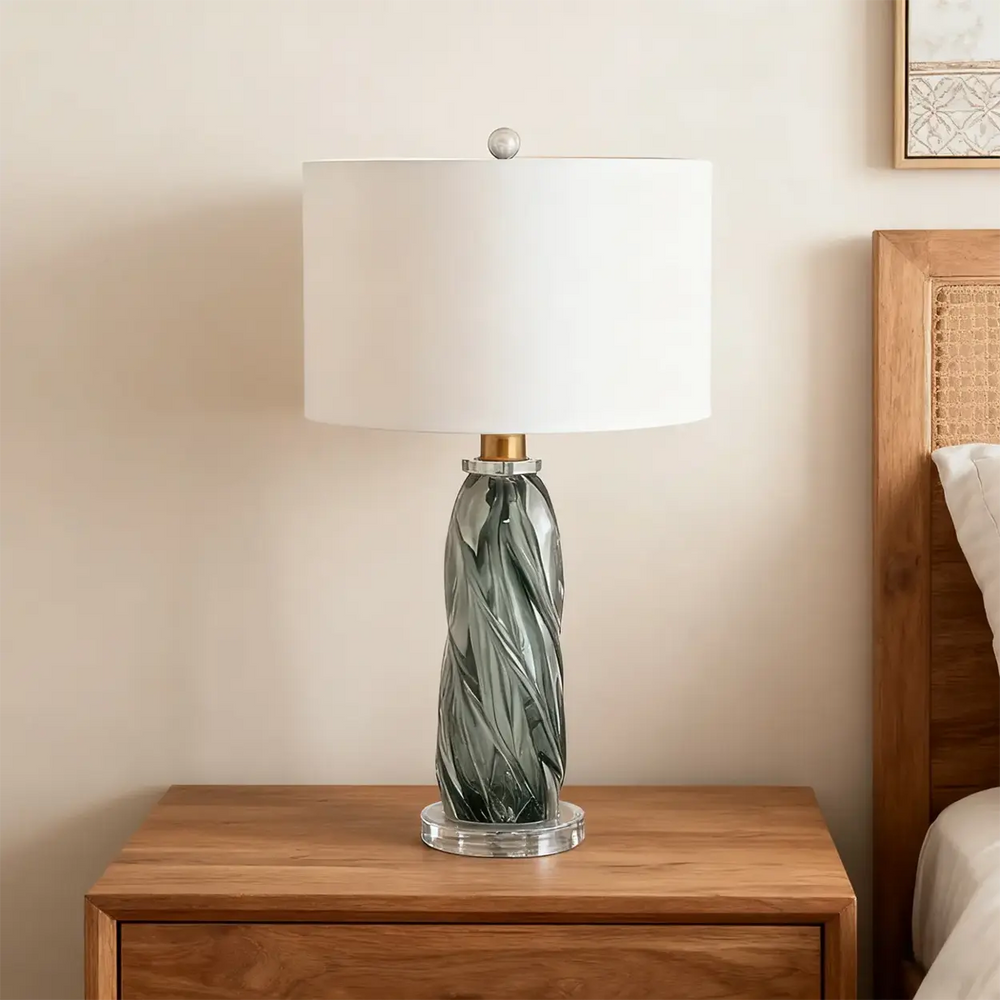 Modern Green Twisted Glass Cylindrical Fabric Shade Table Lamp
