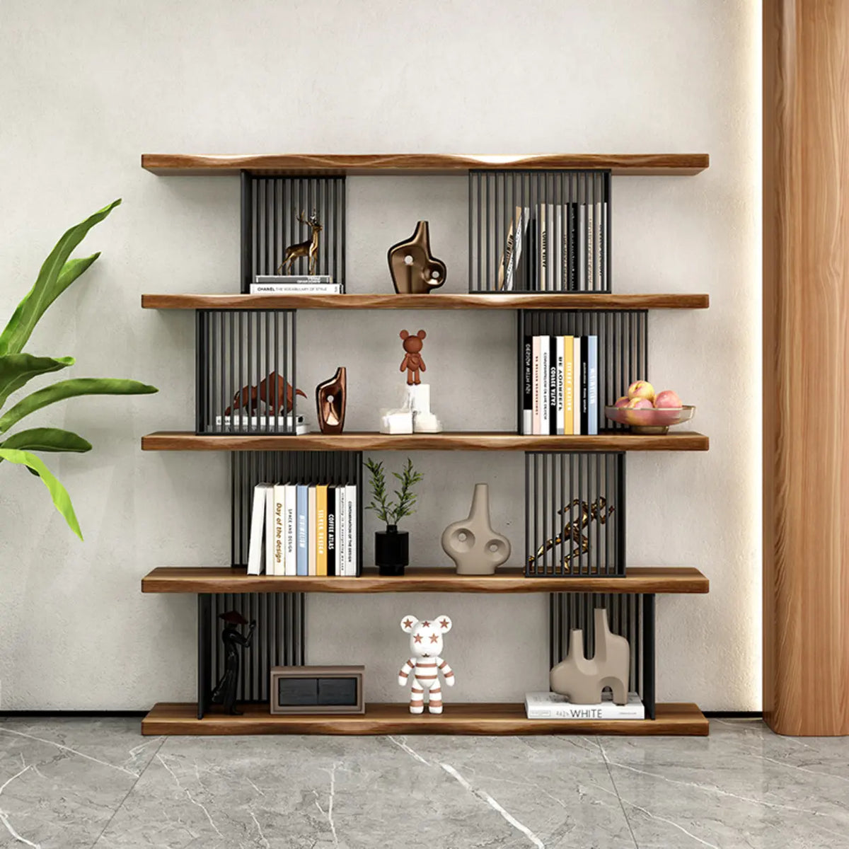 Modern Industrial Vertical Wood Wave 4-Tier Bookshelf