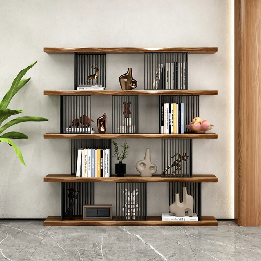 Modern Industrial Vertical Wood Wave 4-Tier Bookshelf