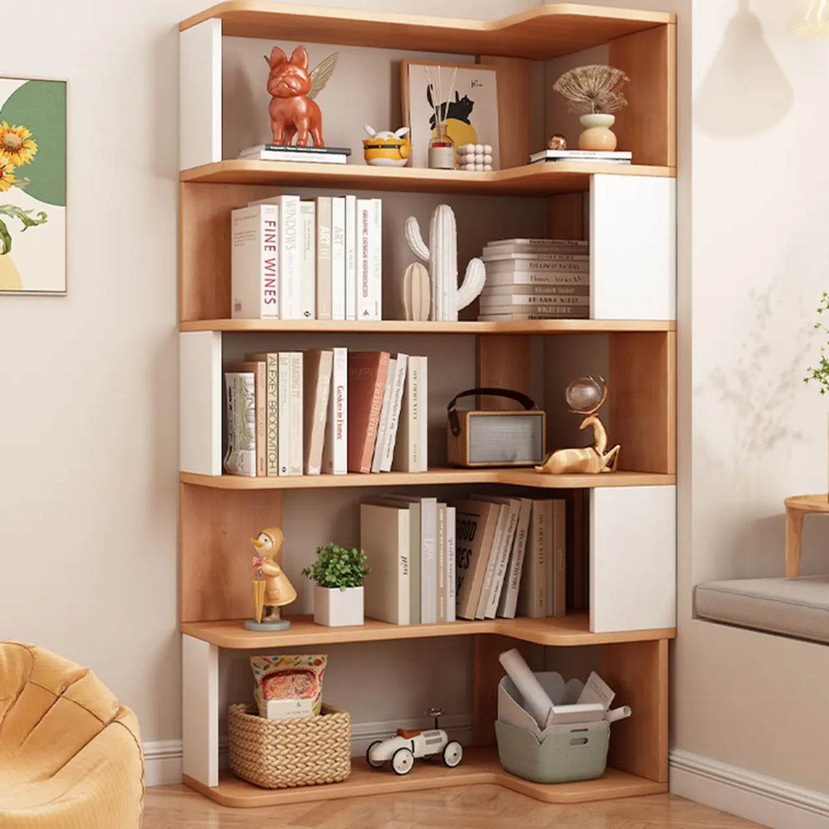 Modern Kids Room Open Back Vertical Wood Corner Bookshelf