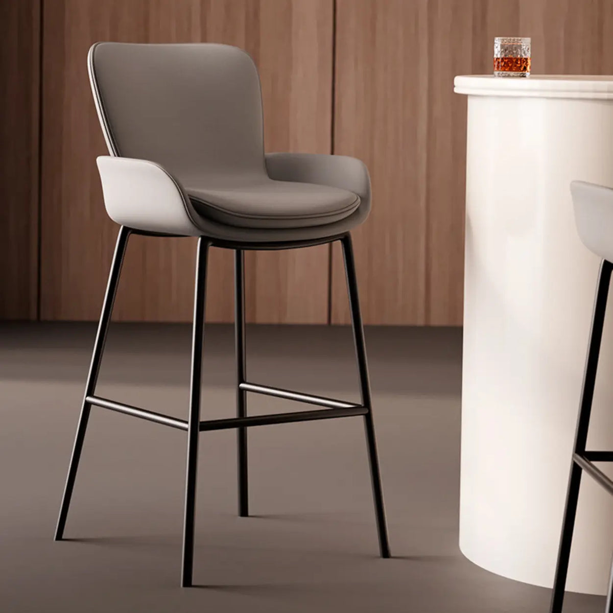 Modern Leather Upholstered Arm Footrest Bar Stool with Back