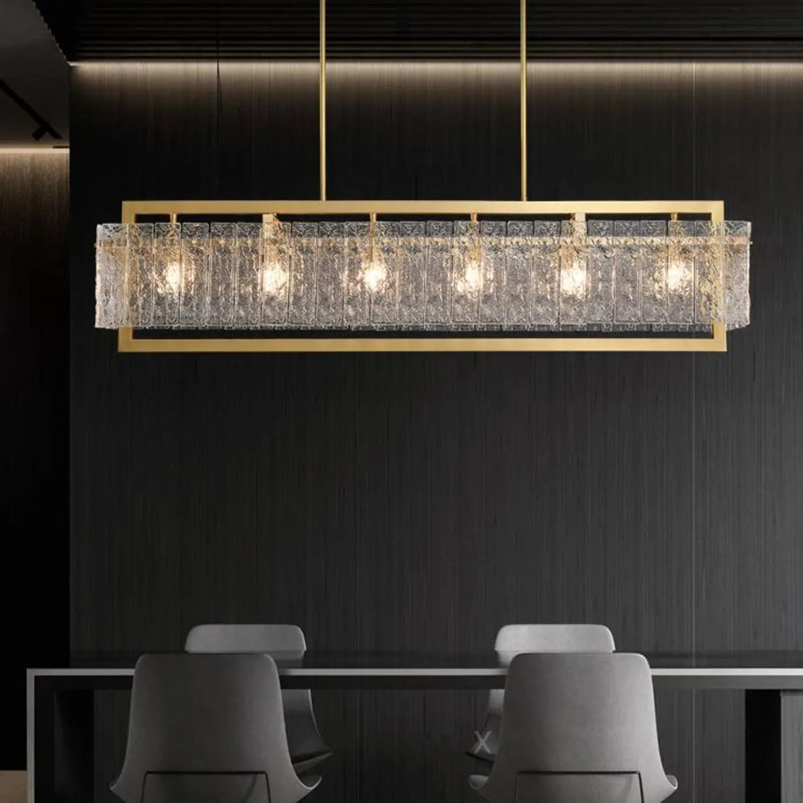 Modern Luxury Brass Rectangle Clear Textured Glass Island Light