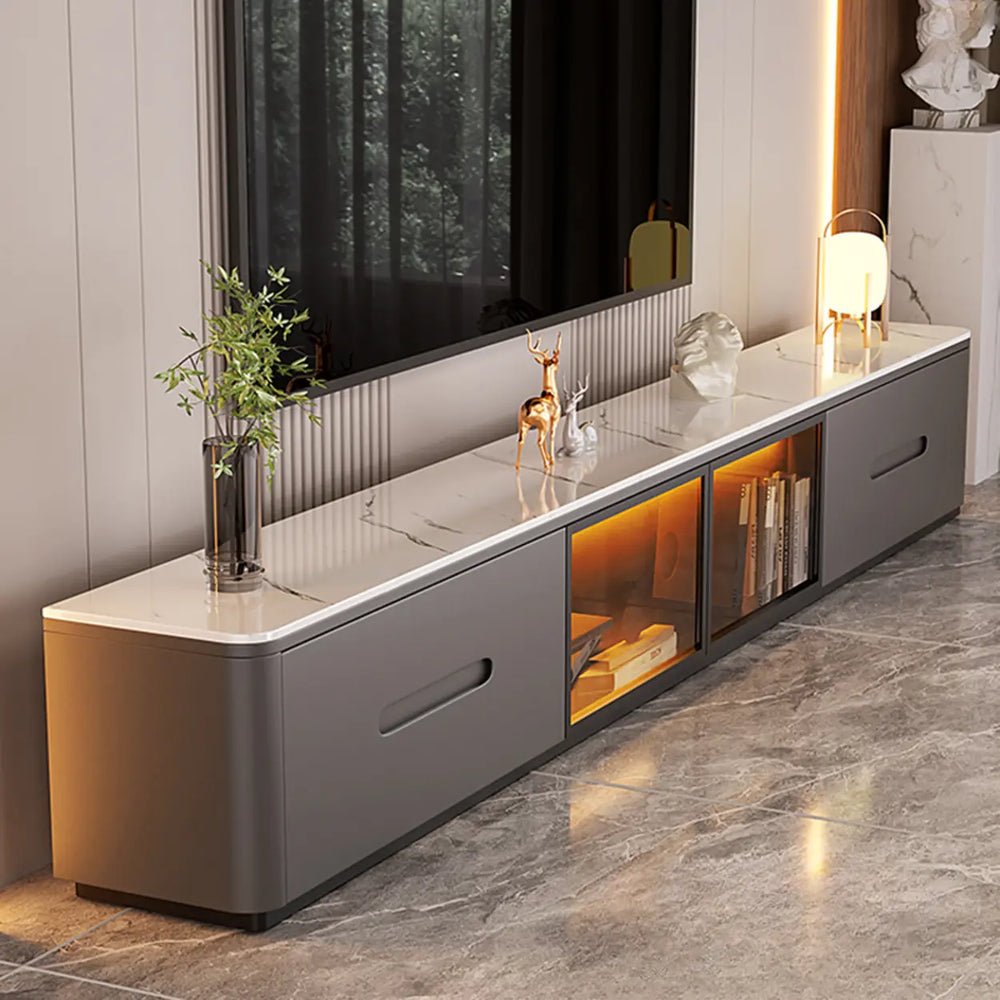 Modern Marble Wood TV Stand with Storage Ambient Lighting