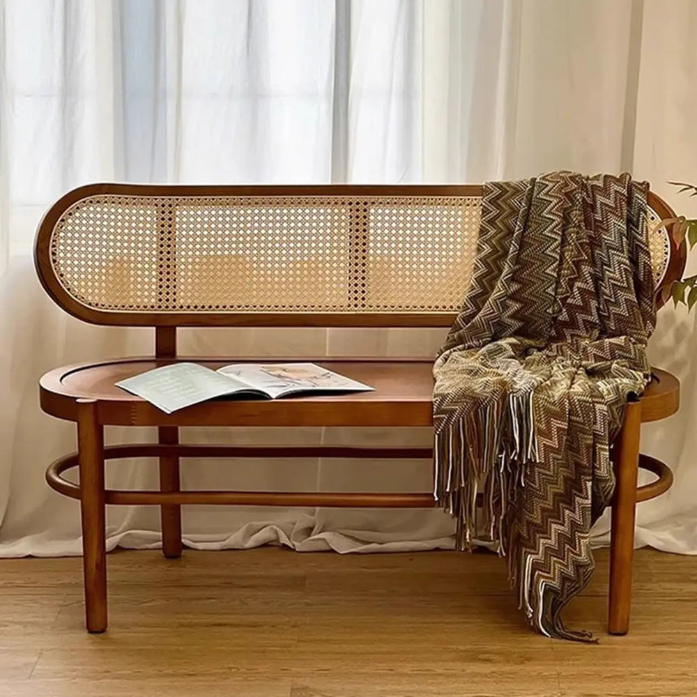 Modern Rattan-Back Wooden Bench for Stylish Home Décor
