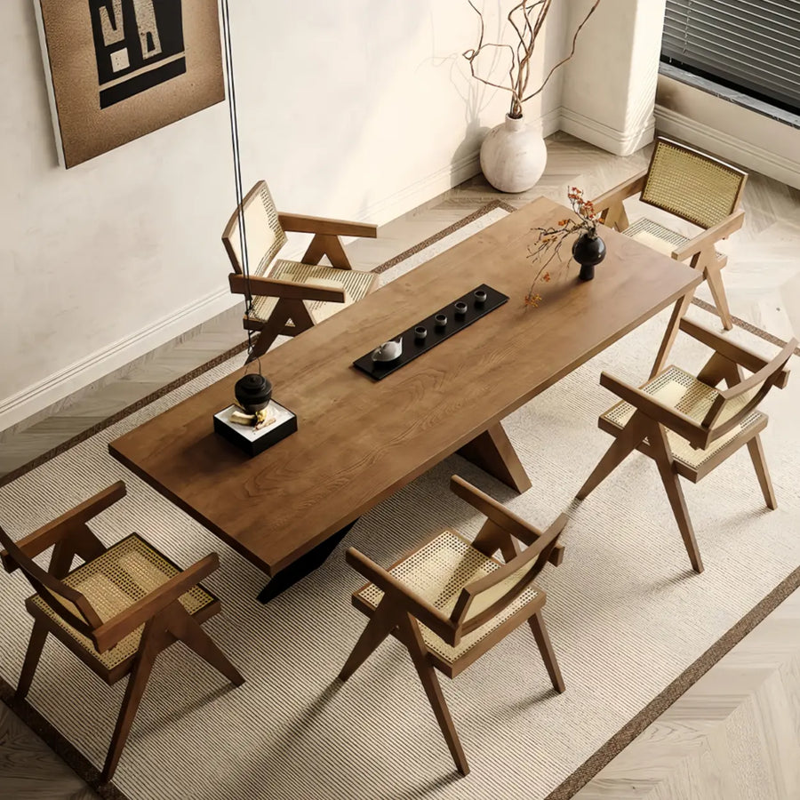 Modern Rectangular Walnut Solid Pine Dining Table with Iron Base