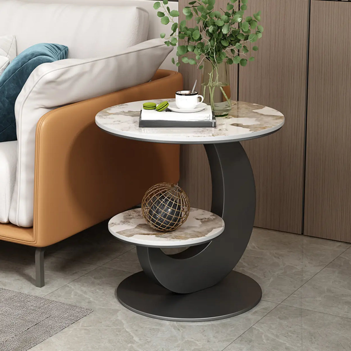 Modern Round Wood Pedestal Side Table with Dual Shelves