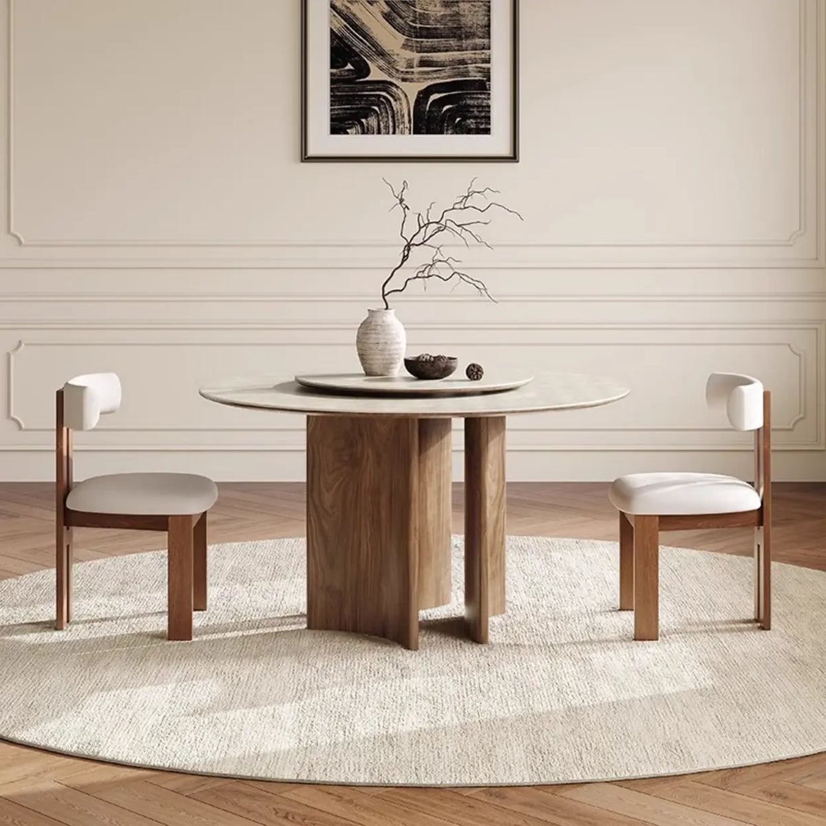Modern Scandinavian Khaki Stone Round Wood Base Dining Table
