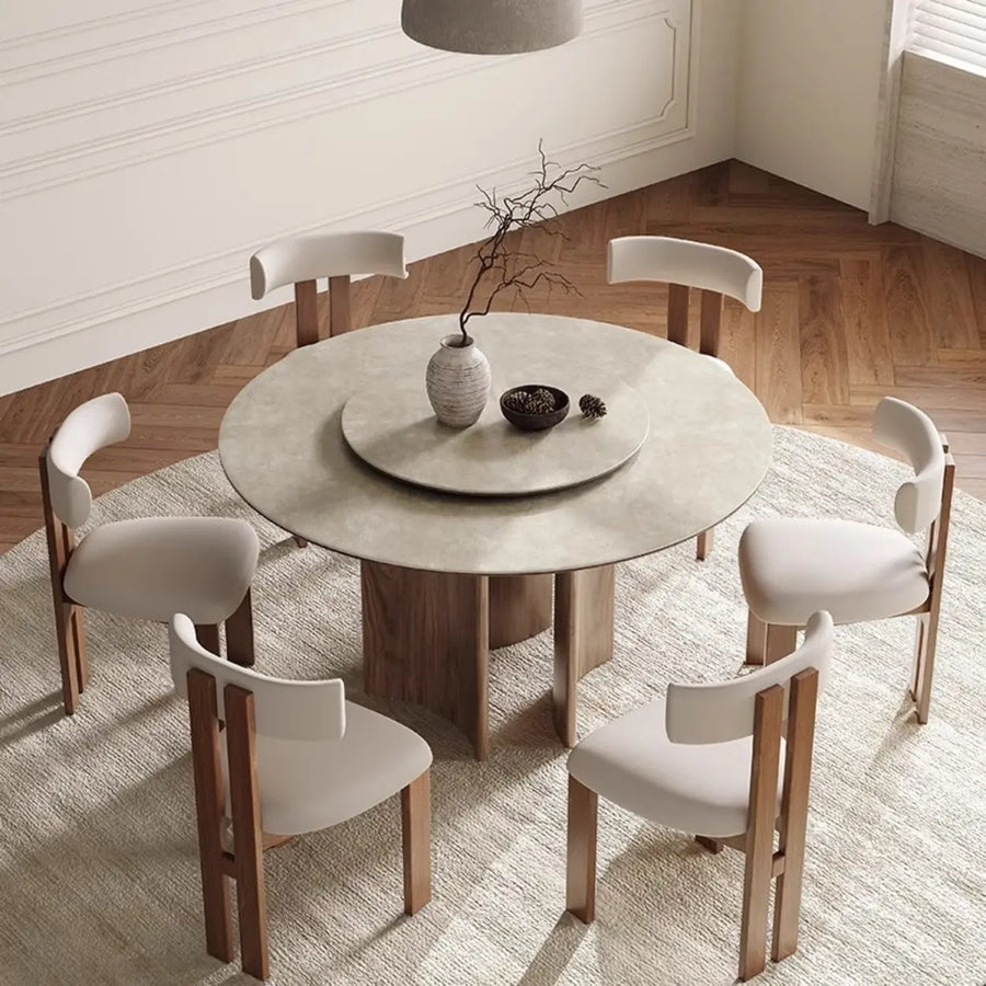 Modern Scandinavian Khaki Stone Round Wood Base Dining Table