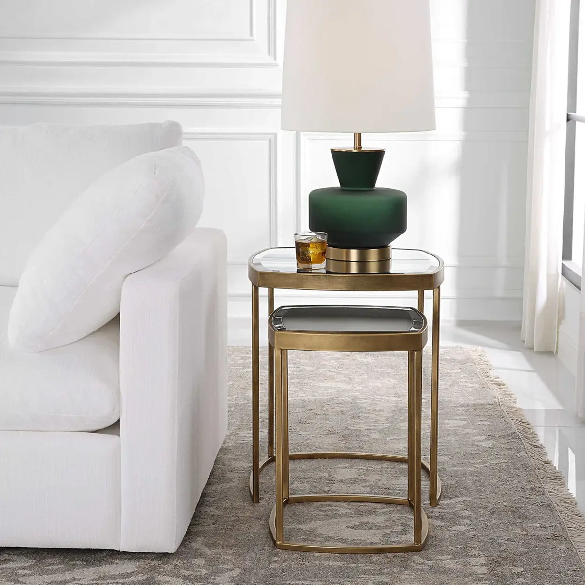 Modern Set of 2 Glass Top Gold Nesting Side Table