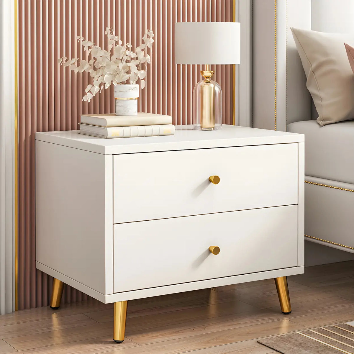Modern Sleek Wood White Two-Drawer Storage Nightstand