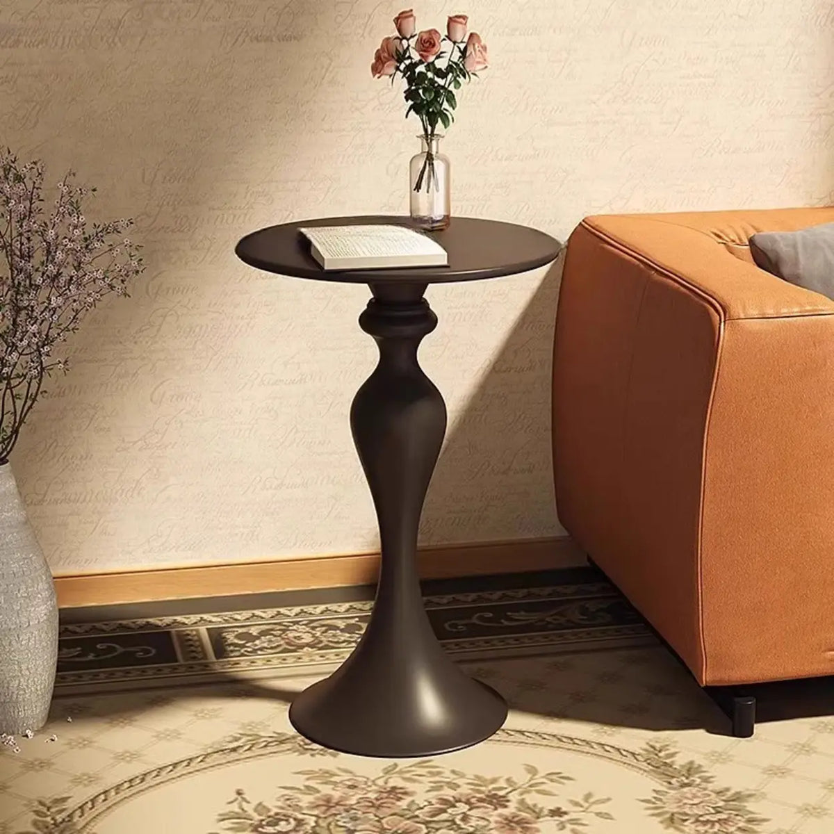 Modern Small Black Round Sculpted Pedestal Metal Side Table