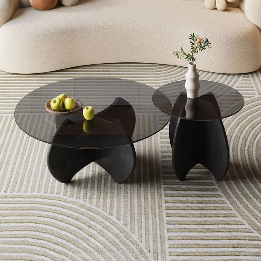 Modern Small Round Gray Glass Coffee Table with Wood Base