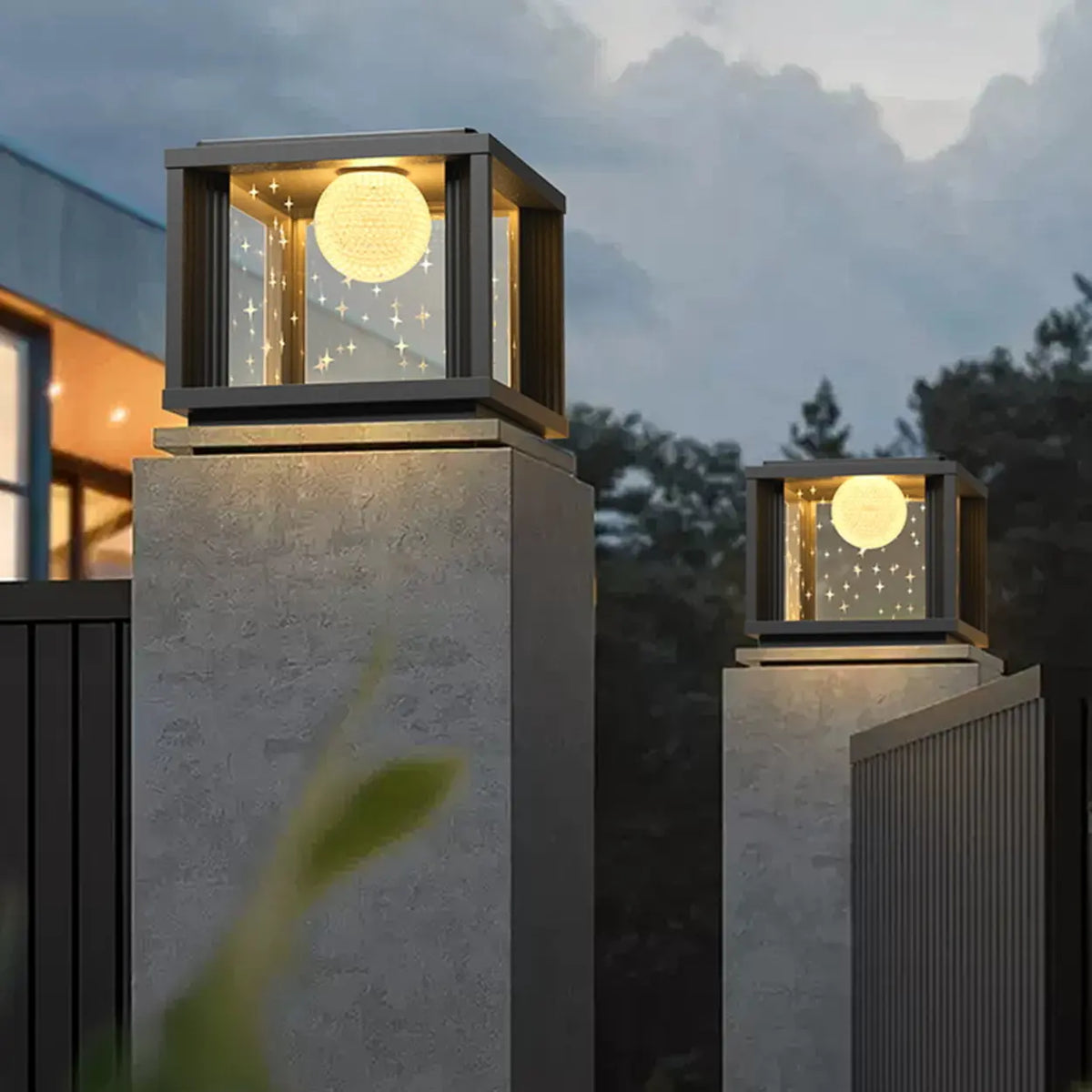 Modern Solar Square Outdoor Pillar Lamp 3-Light Color
