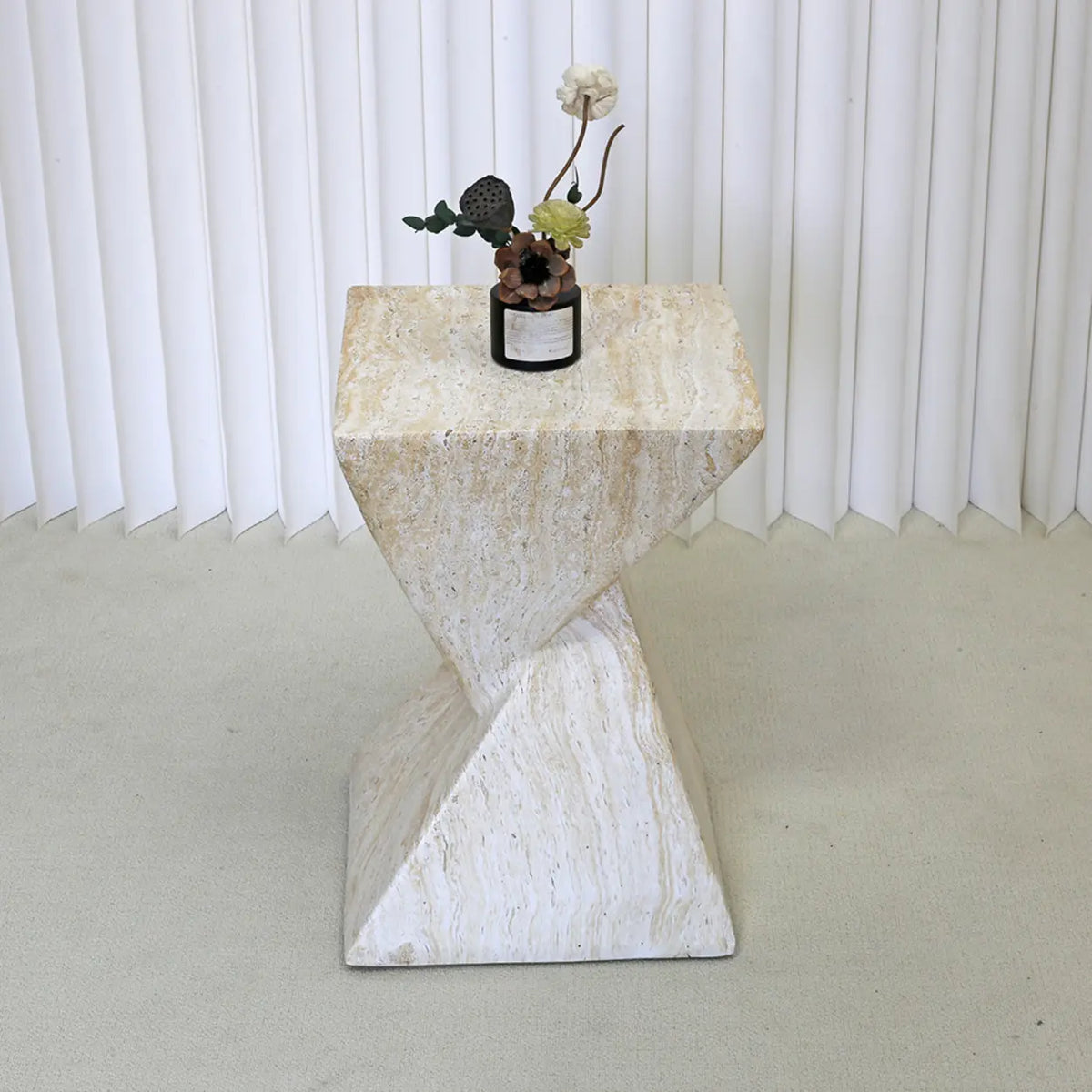 Modern Square Stone Geometric Twisted Block Side Table